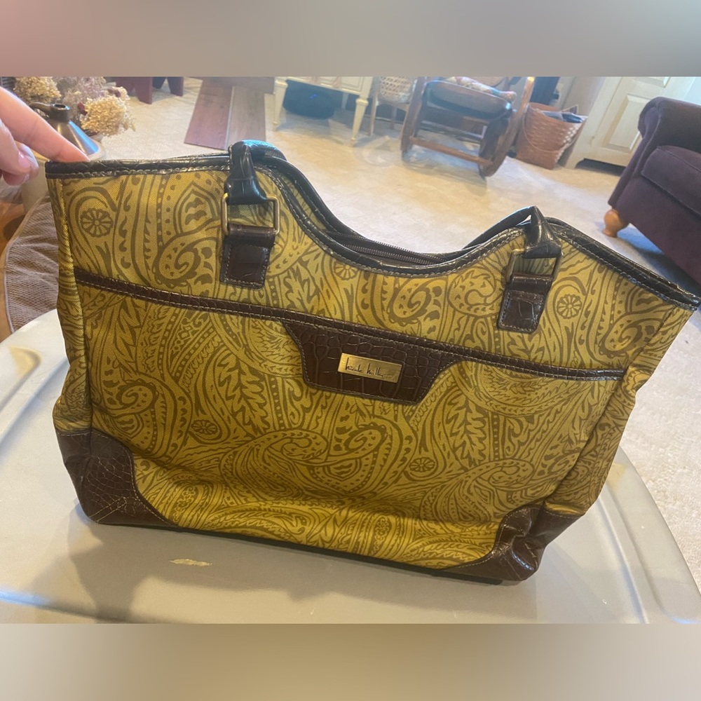 Nicole Miller Laptop Tote Bag Croc Faux Leather Trim Printed Body
